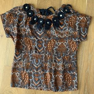 FIGUE Abstract Print Blouse with Fringe and Tie